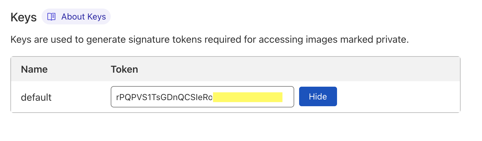 Screenshot of the keys page on the Cloudflare Images dashboard